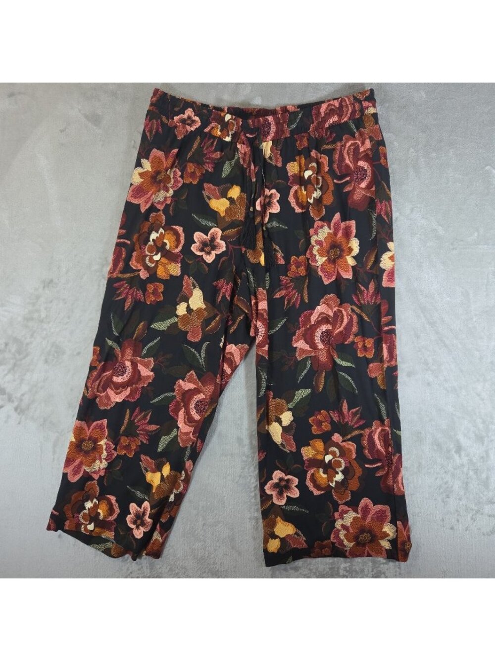 Philosophy Womens Black Floral Wide Leg Draw String Tassles Pull On Size 2x